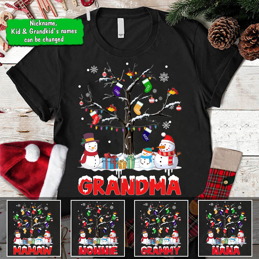 Personalized Xmas Gift For Grandma, Nana, Gigi, Grandma Xmas Gift Tree, Custom Nickname & Grandkid's Names Shirt