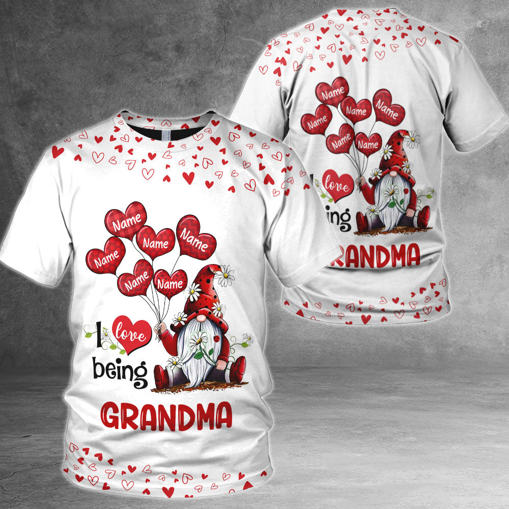 I Love Being Grandma Gnomes Balloon Hearts Personalized All Over Print Shirt, 3D Shirt For Grandma