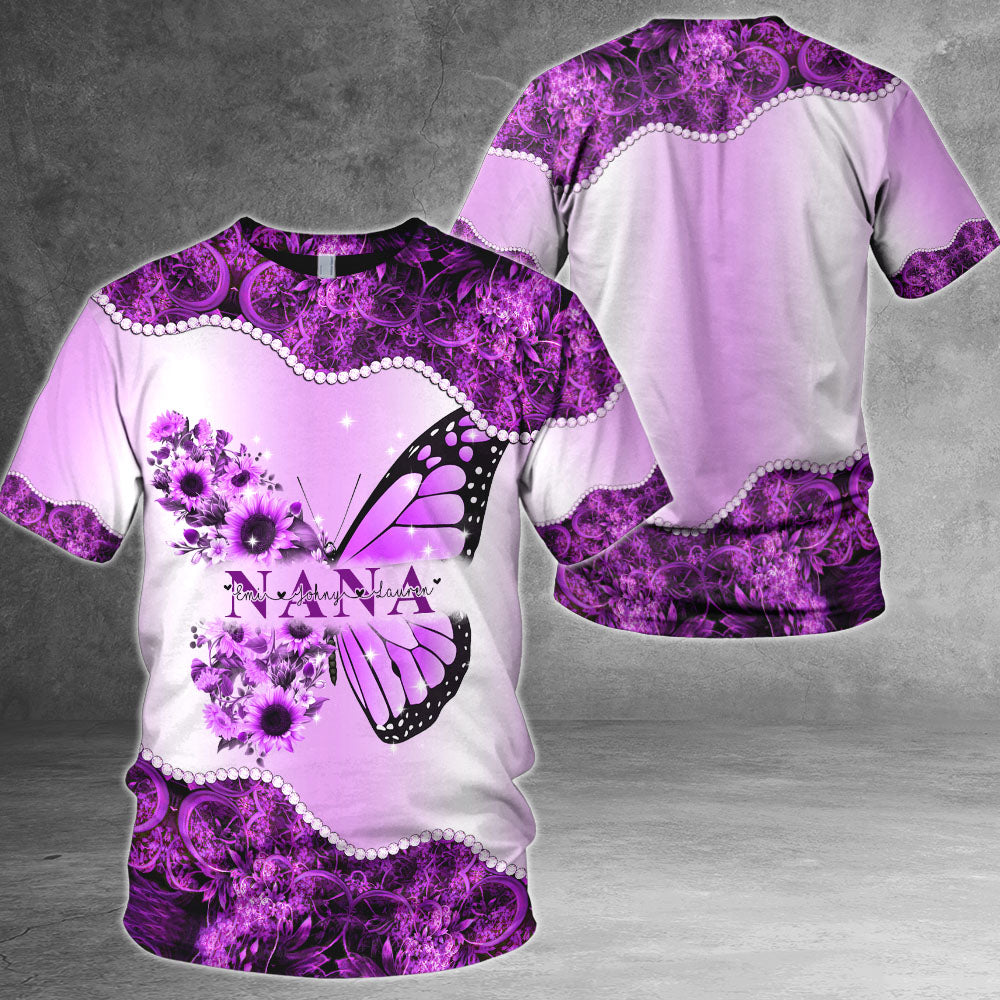 Personalized Nickname & Grandkid's Names All Over Print Shirts Butterfly Sunflower