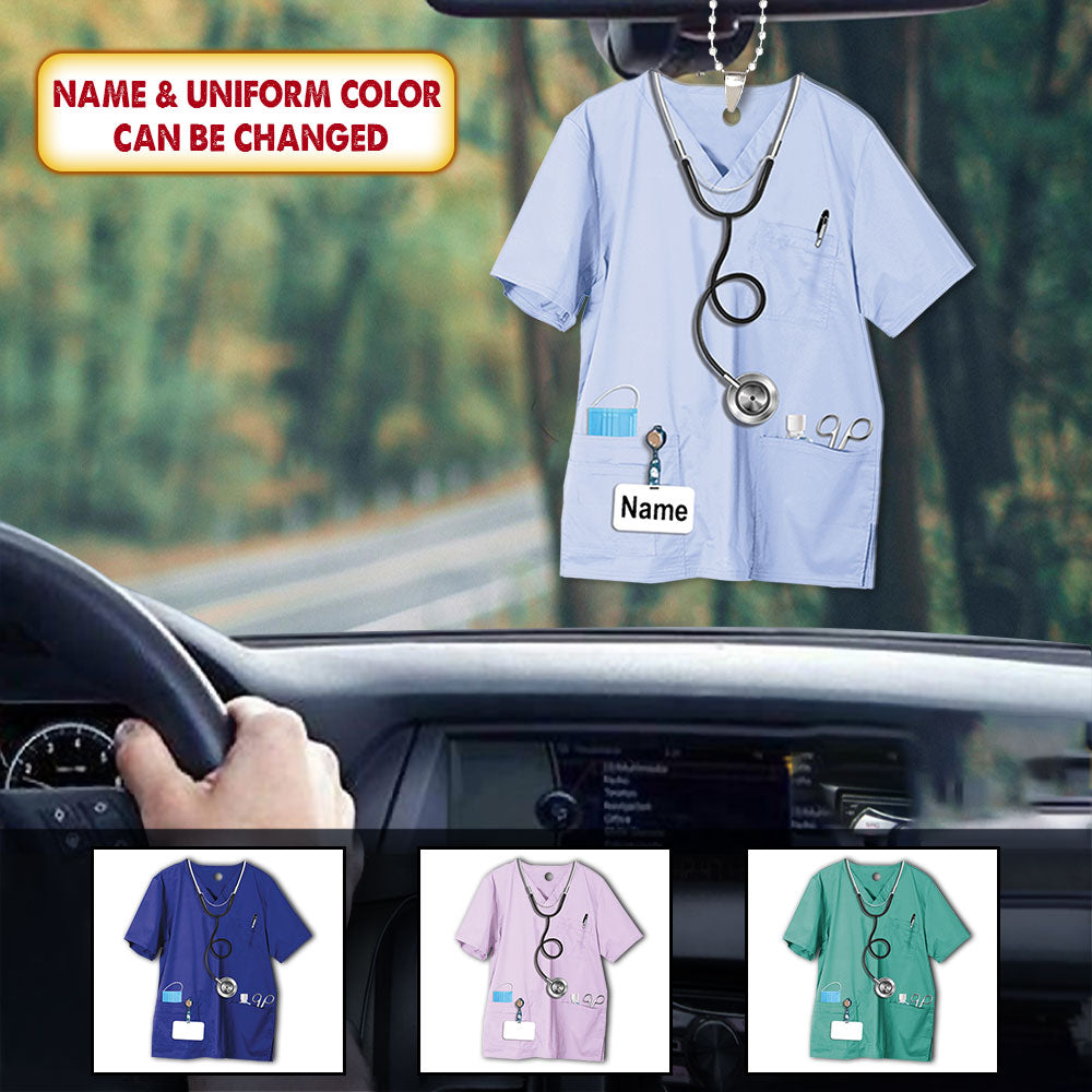 Personalized Flat Acrylic Car Ornament Vr2, Nurse Uniform Car Ornament, Name & Uniform Color Can Be Changed
