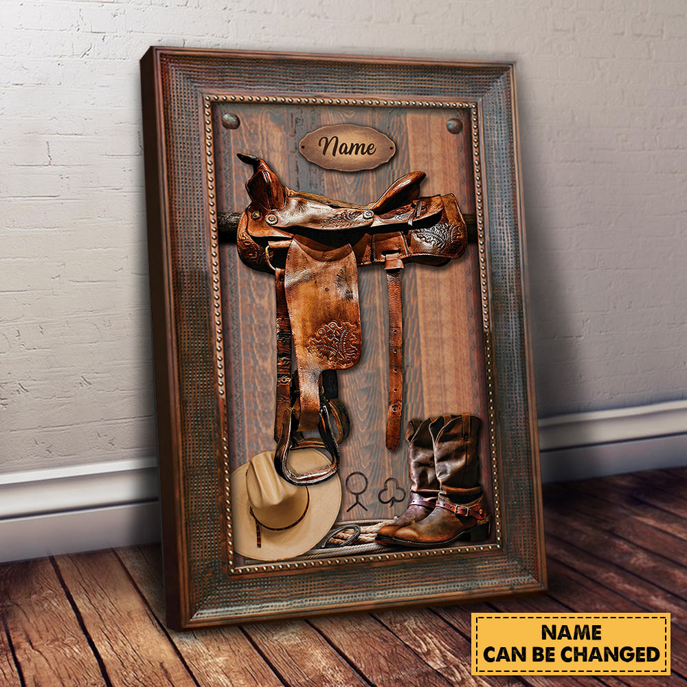 Canvas Horse Saddle Frame Print, Personalized Canvas For Horse Lovers, Cowboy, Cowgirl, Name Can Be Changed
