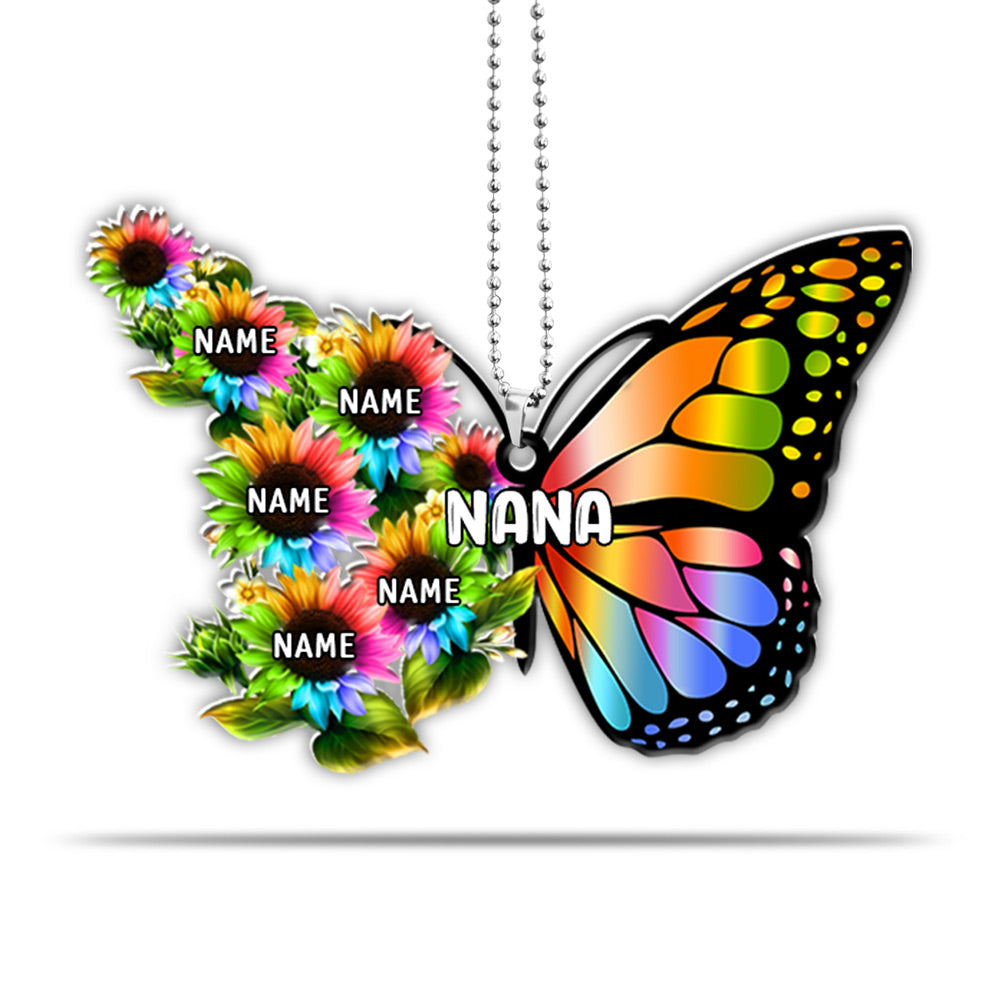 Grandma Colorful Butterfly With Sunflower Flat Acrylic Personalized Car Ornament For Grandma, 2 sides are the same, HN98, DO99