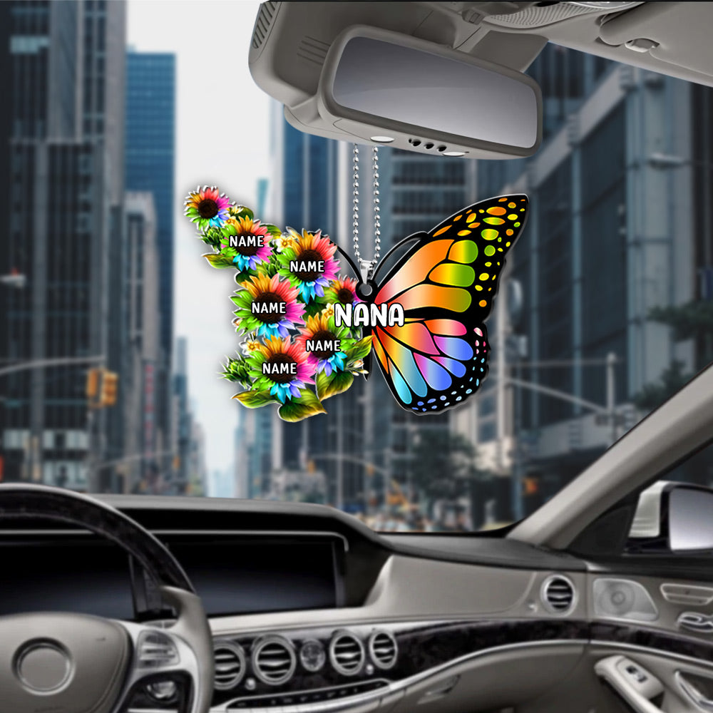 Grandma Colorful Butterfly With Sunflower Flat Acrylic Personalized Car Ornament For Grandma, 2 sides are the same, HN98, DO99