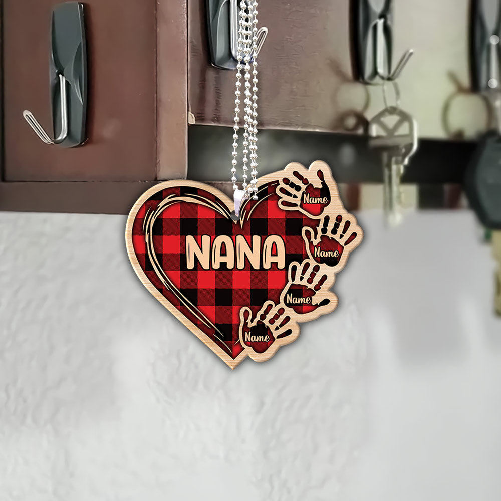 Grandma Heart Handprints Red Plaid Wood Personalized Car Ornament for Grandma, 2 Sides Are the Same, HN98, DO99
