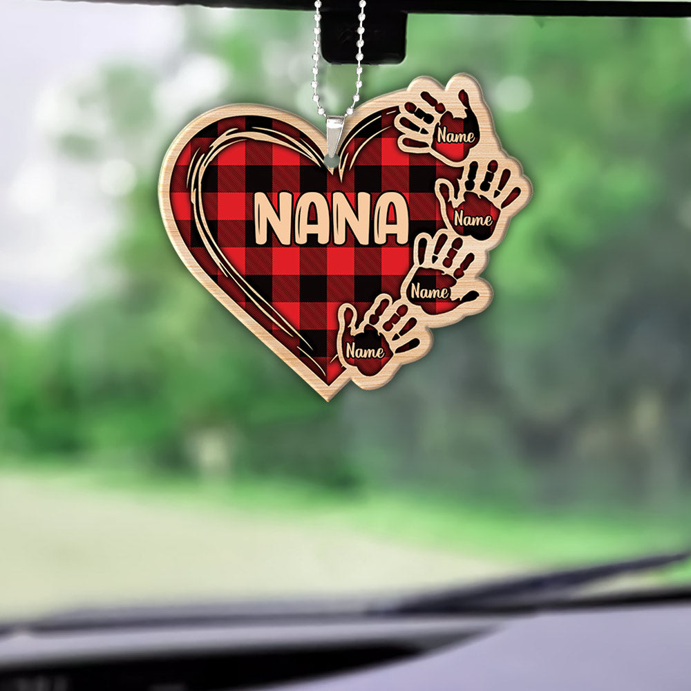 Grandma Heart Handprints Red Plaid Wood Personalized Car Ornament for Grandma, 2 Sides Are the Same, HN98, DO99