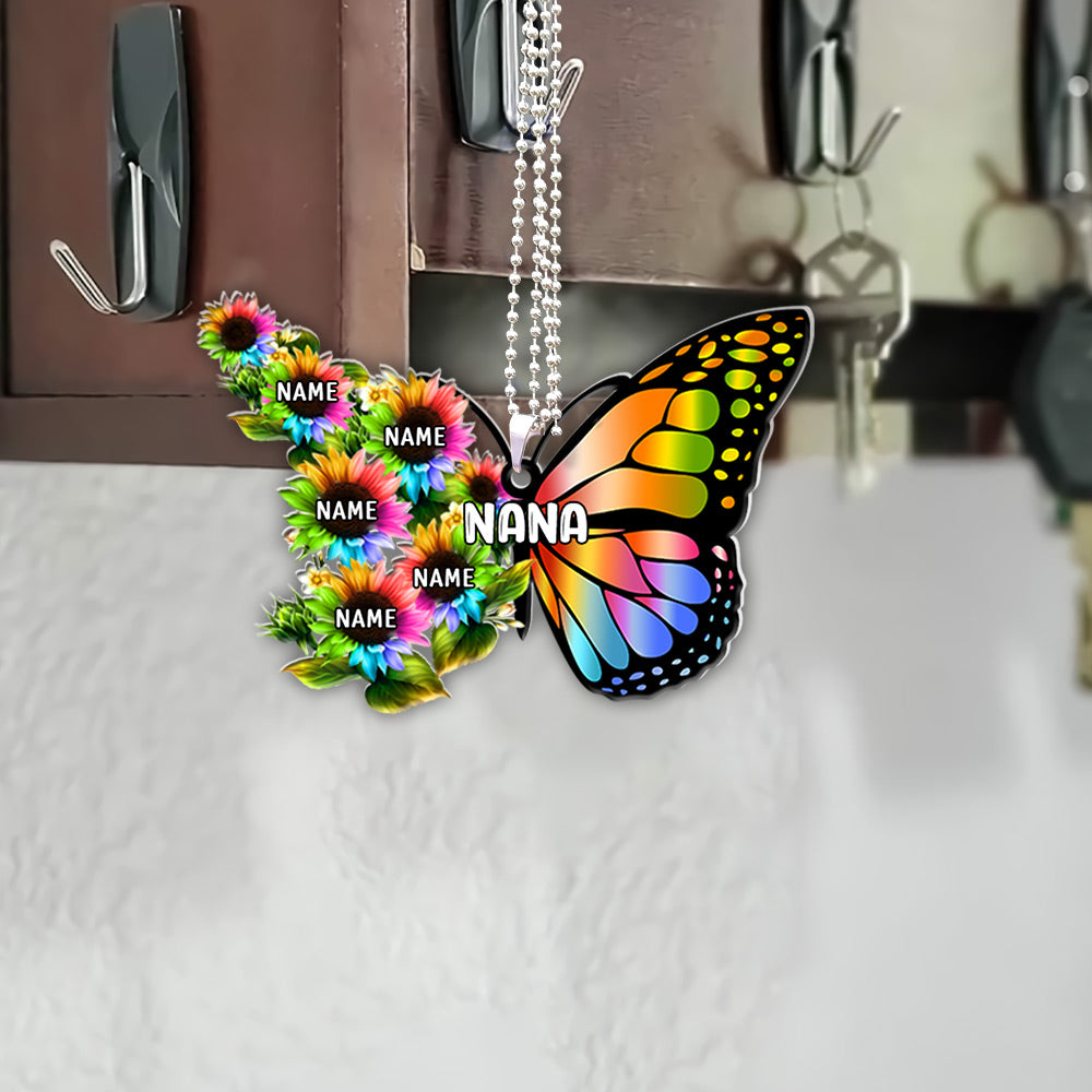 Grandma Colorful Butterfly With Sunflower Flat Acrylic Personalized Car Ornament For Grandma, 2 sides are the same, HN98, DO99