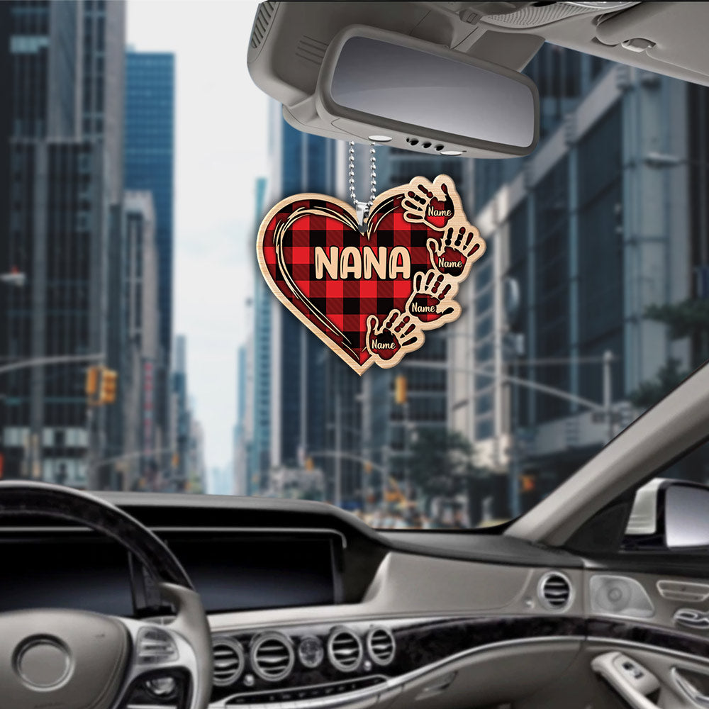Grandma Heart Handprints Red Plaid Wood Personalized Car Ornament for Grandma, 2 Sides Are the Same, HN98, DO99