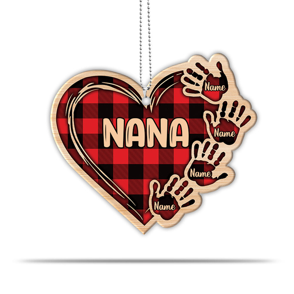 Grandma Heart Handprints Red Plaid Wood Personalized Car Ornament for Grandma, 2 Sides Are the Same, HN98, DO99