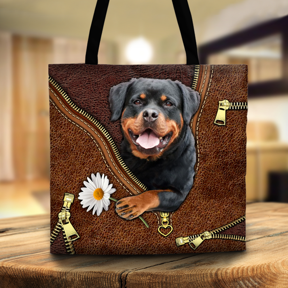 Rottweiler Holding Daisy Vr2, Printed Leather Pattern, Tote Bag For Dog Mom, Dog Lovers