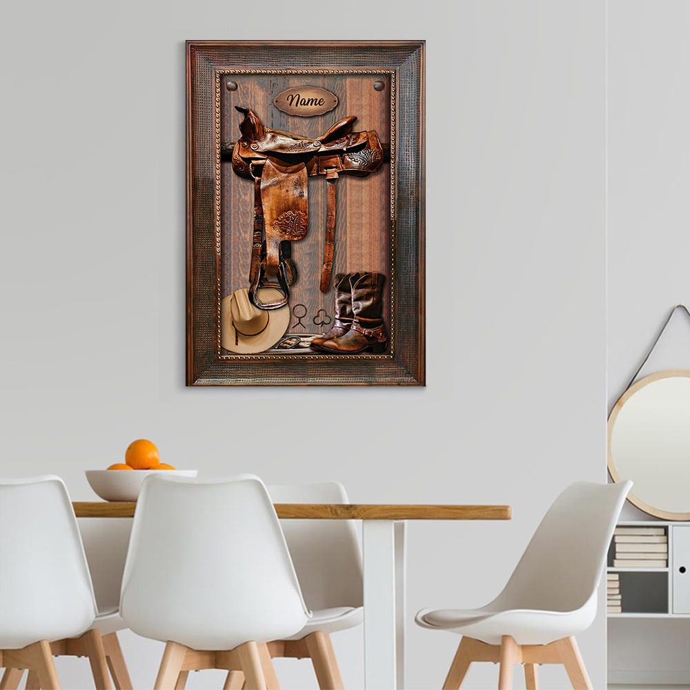 Canvas Horse Saddle Frame Print, Personalized Canvas For Horse Lovers, Cowboy, Cowgirl, Name Can Be Changed