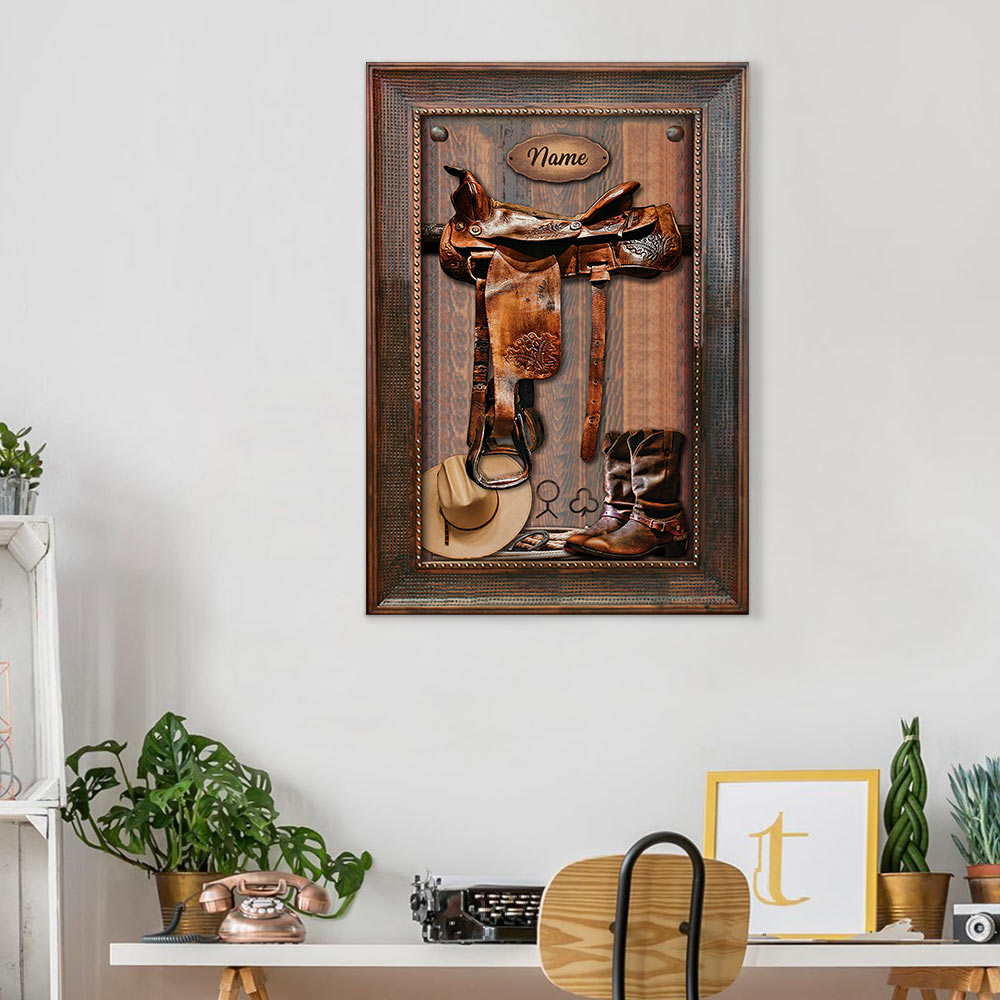 Canvas Horse Saddle Frame Print, Personalized Canvas For Horse Lovers, Cowboy, Cowgirl, Name Can Be Changed