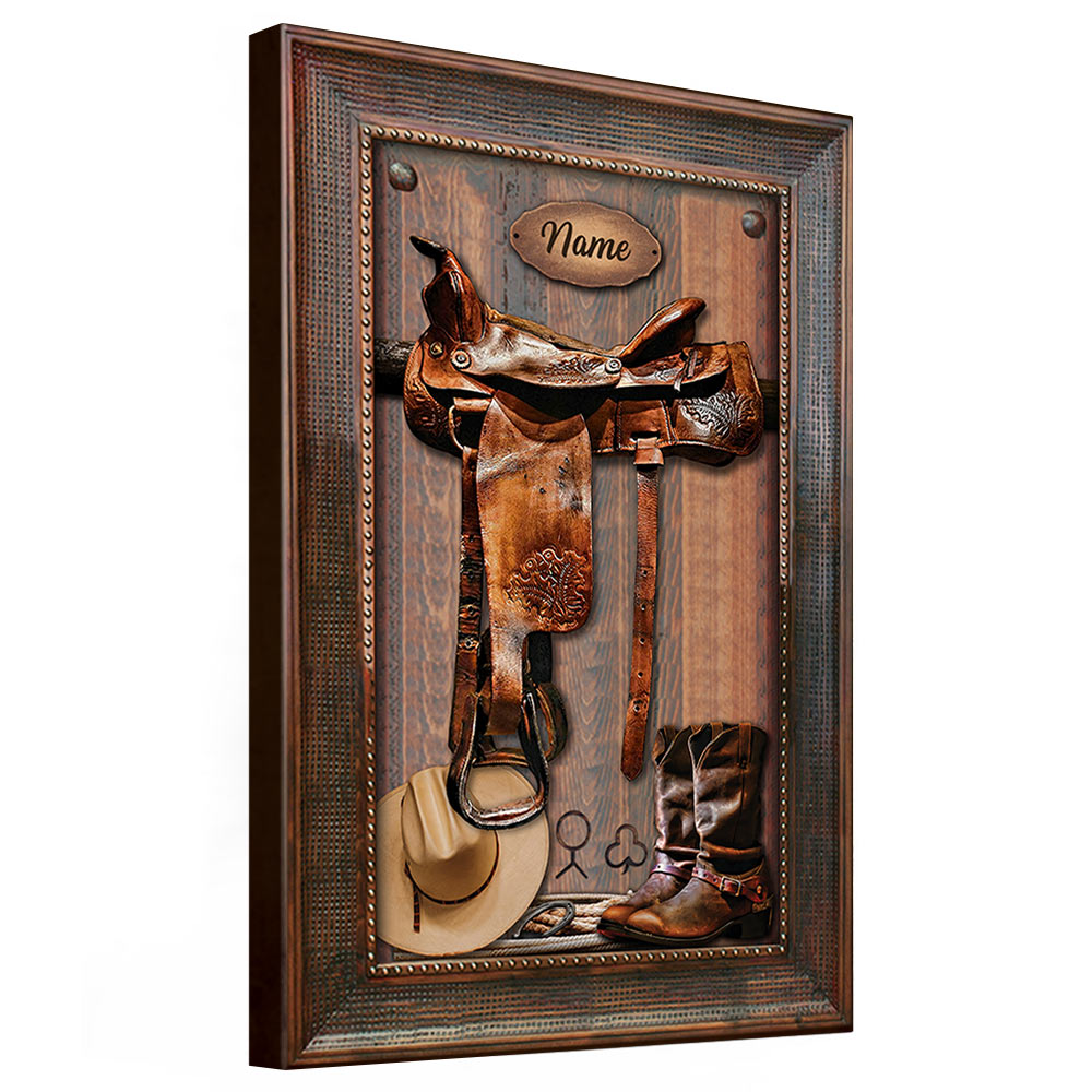 Canvas Horse Saddle Frame Print, Personalized Canvas For Horse Lovers, Cowboy, Cowgirl, Name Can Be Changed