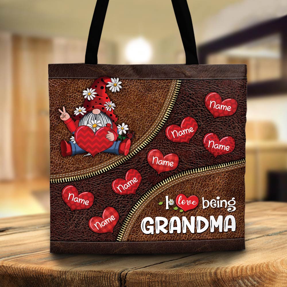 I Love Being Grandma Gnomes Load Of Hearts Printed Leather Pattern Personalized Tote Bag For Grandma