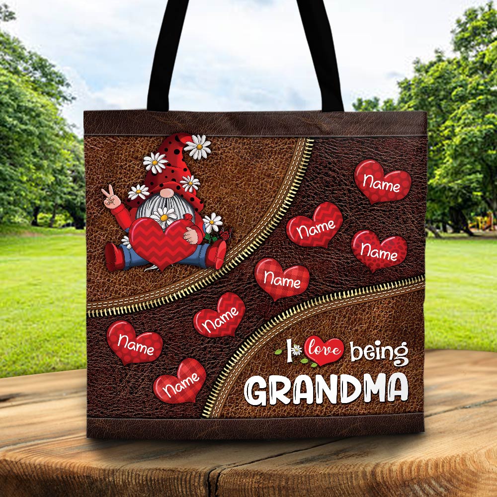 I Love Being Grandma Gnomes Load Of Hearts Printed Leather Pattern Personalized Tote Bag For Grandma