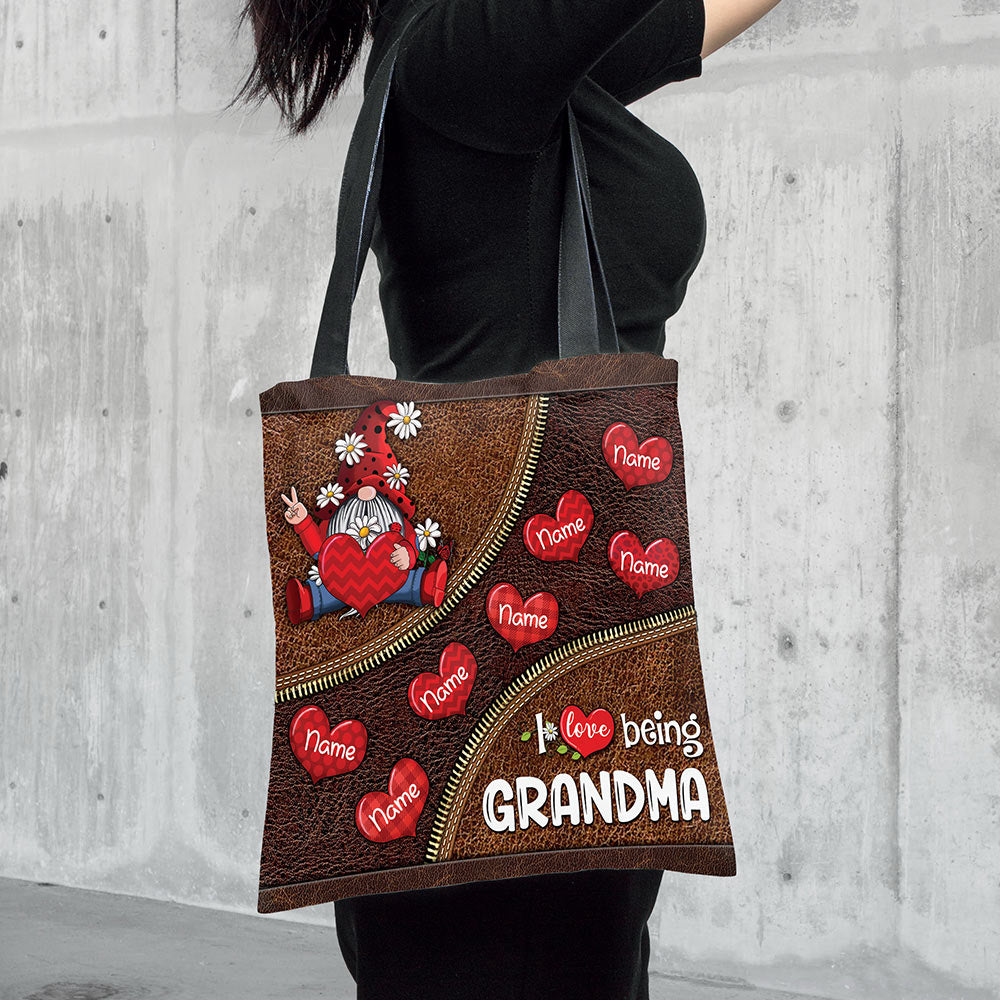I Love Being Grandma Gnomes Load Of Hearts Printed Leather Pattern Personalized Tote Bag For Grandma