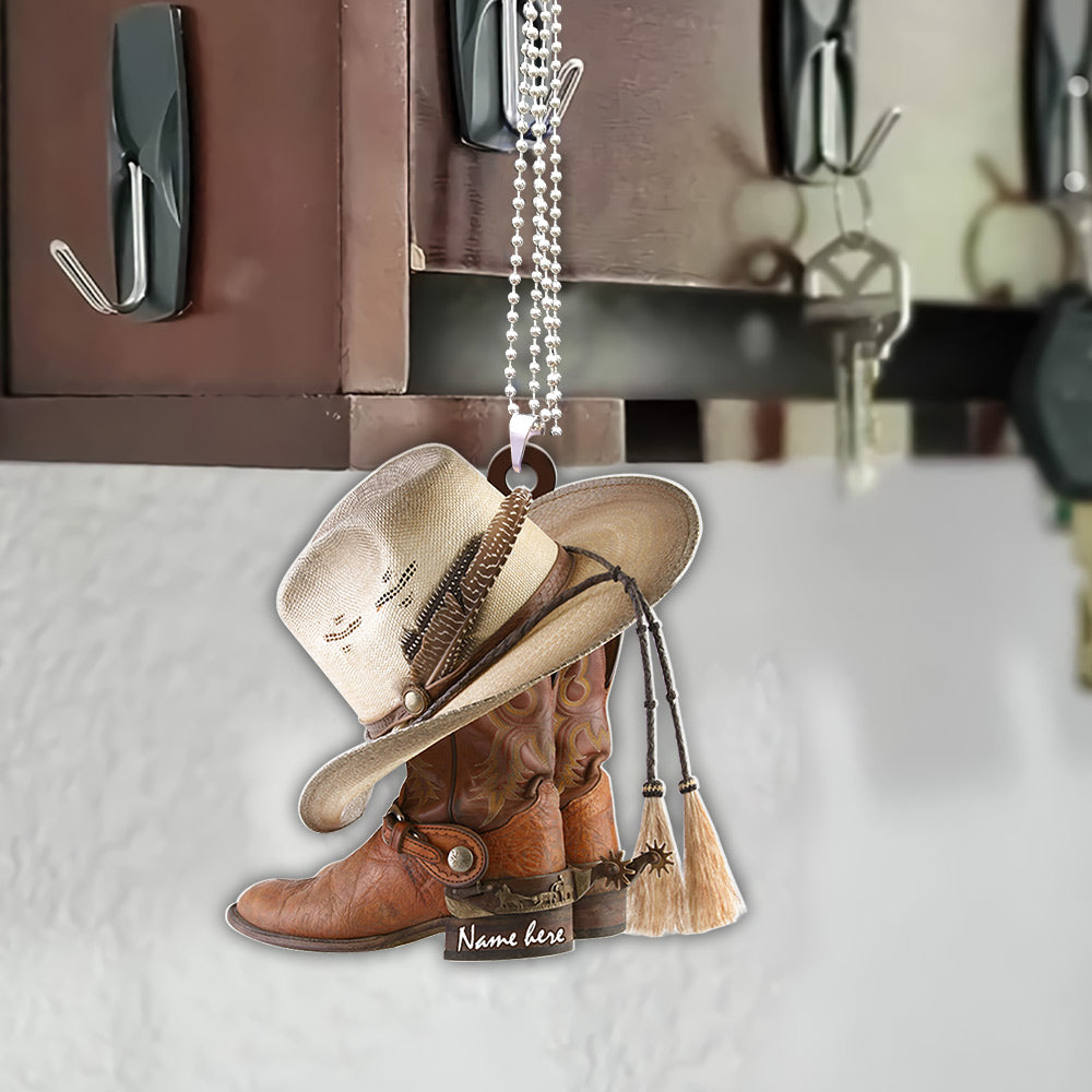 Personalized Flat Acrylic Car Ornament Printed Two Sides With The Same Design For Cowboy & Cowgirl, Boots And Hat, Name Can Be Changed