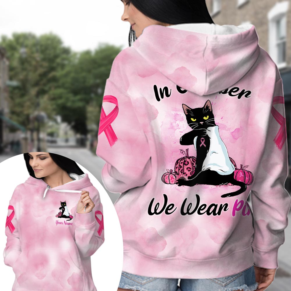Black Cat In October We Wear Pink, Breast Cancer Awareness Personalized All Over Print Shirt