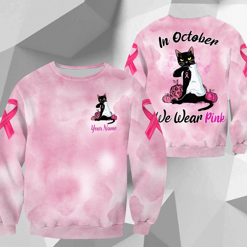 Black Cat In October We Wear Pink, Breast Cancer Awareness Personalized All Over Print Shirt