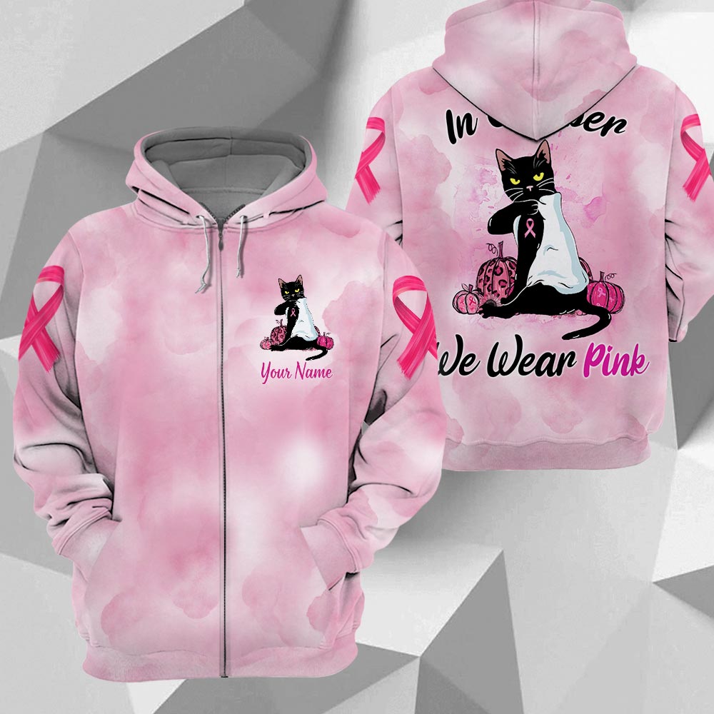Black Cat In October We Wear Pink, Breast Cancer Awareness Personalized All Over Print Shirt