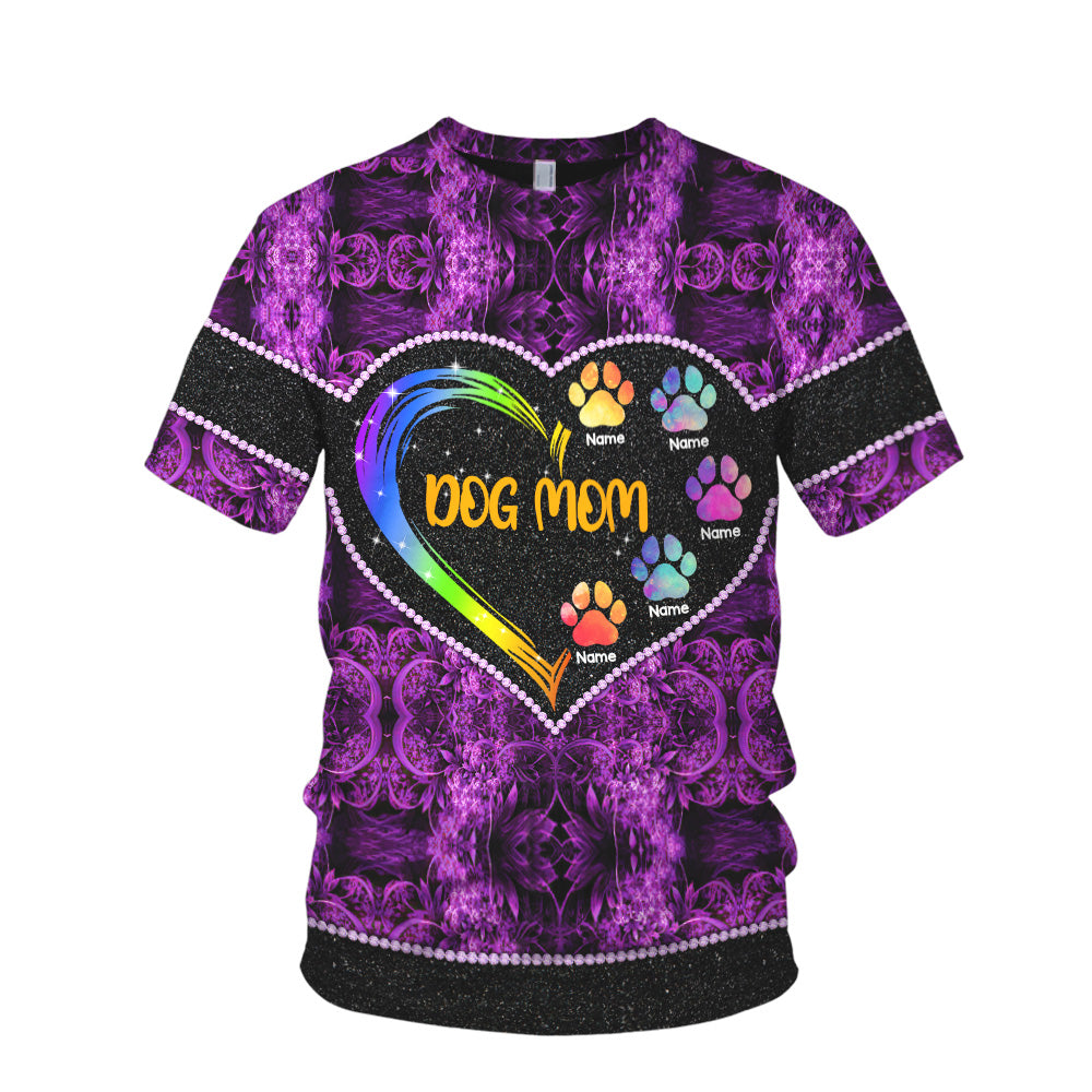 Dog Mom Heart And Dog Paw Personalized All Over Print Shirt For Dog Mom, Dog Lovers
