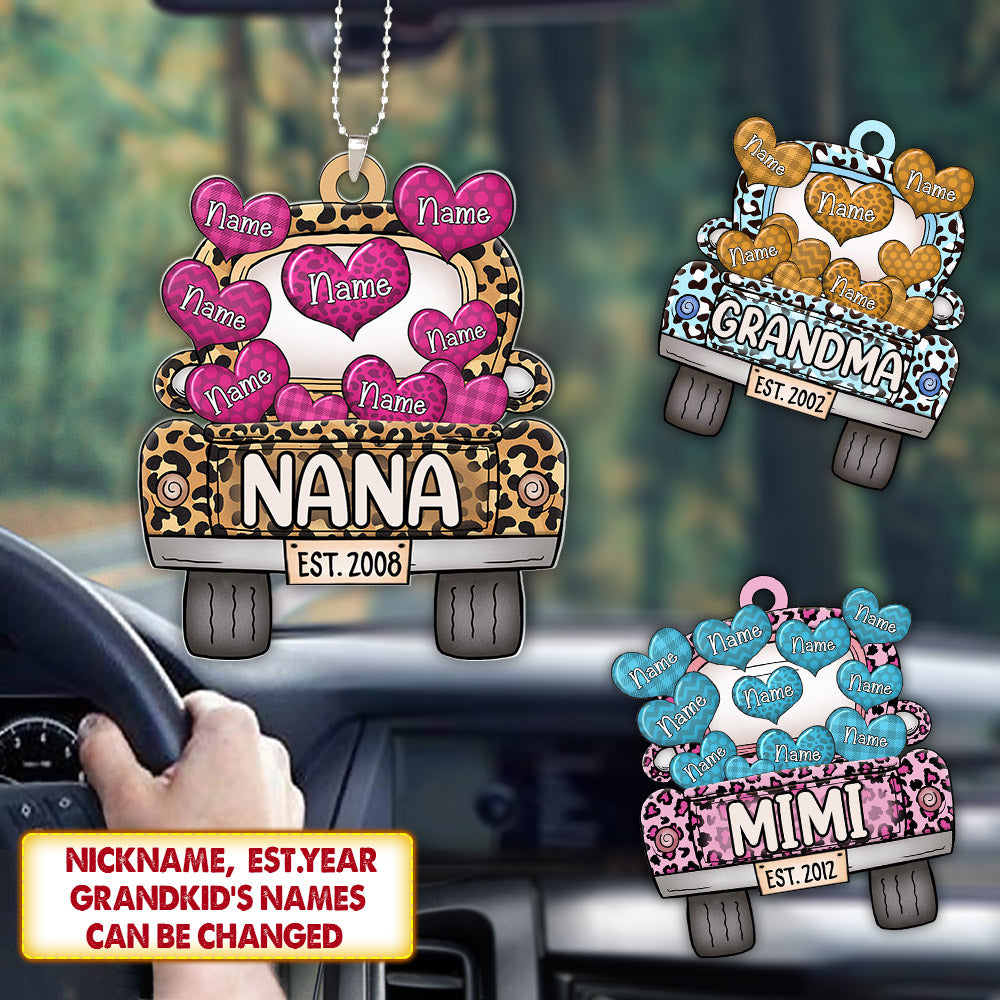 Blessed To Be Called Grandma Leopard Truck Est.Year Personalized Flat Acrylic Car Ornament, 2 Sides Are The Same For Grandma, Hn98, Lihd