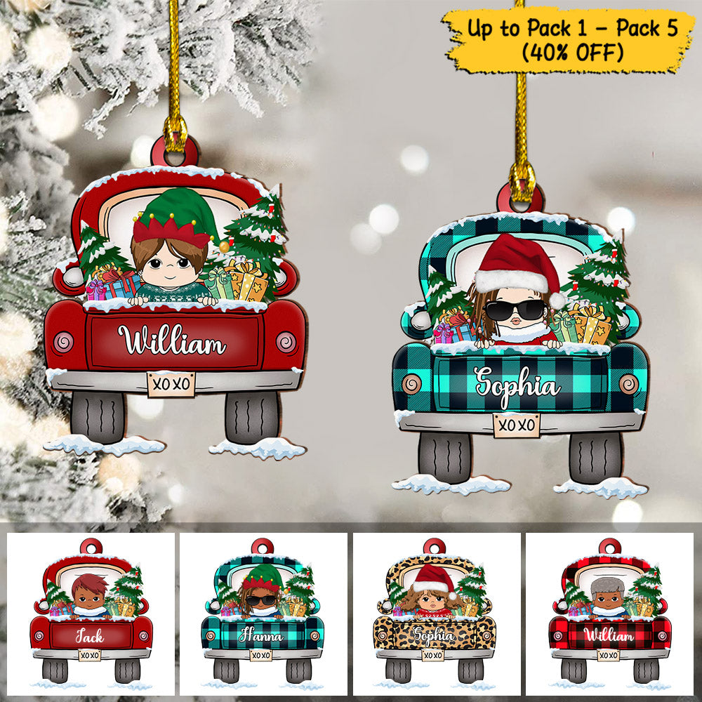 Kid With Love Truck Winter Christmas Personalized Christmas Shaped Ornament For Kid, Gift From Family Member