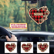 Grandma Heart Handprints Red Plaid Wood Personalized Car Ornament for Grandma, 2 Sides Are the Same, HN98, DO99