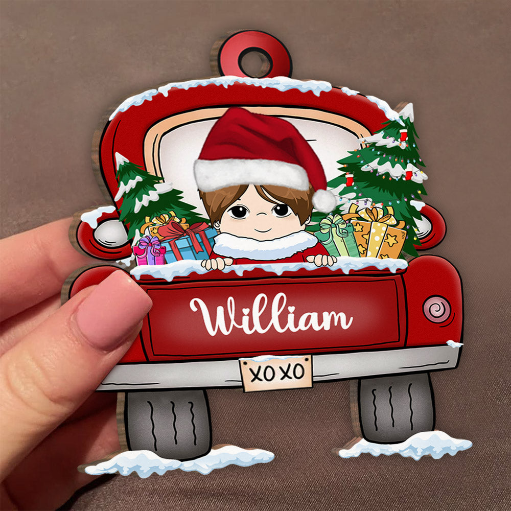 Kid With Love Truck Winter Christmas Personalized Christmas Shaped Ornament For Kid, Gift From Family Member