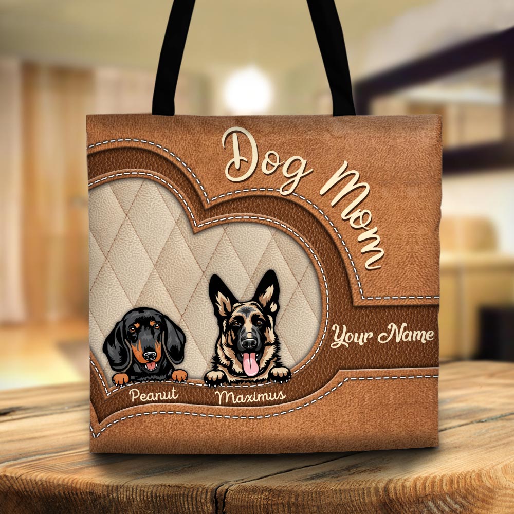Personalized Tote Bag Printed Leather Pattern For Dog Mom, Dog Breed & Name Can Be Changed