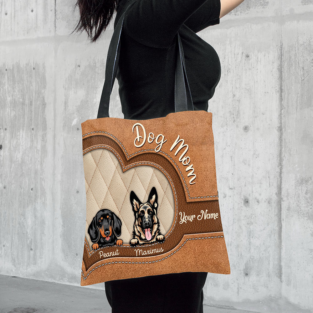 Personalized Tote Bag Printed Leather Pattern For Dog Mom, Dog Breed & Name Can Be Changed