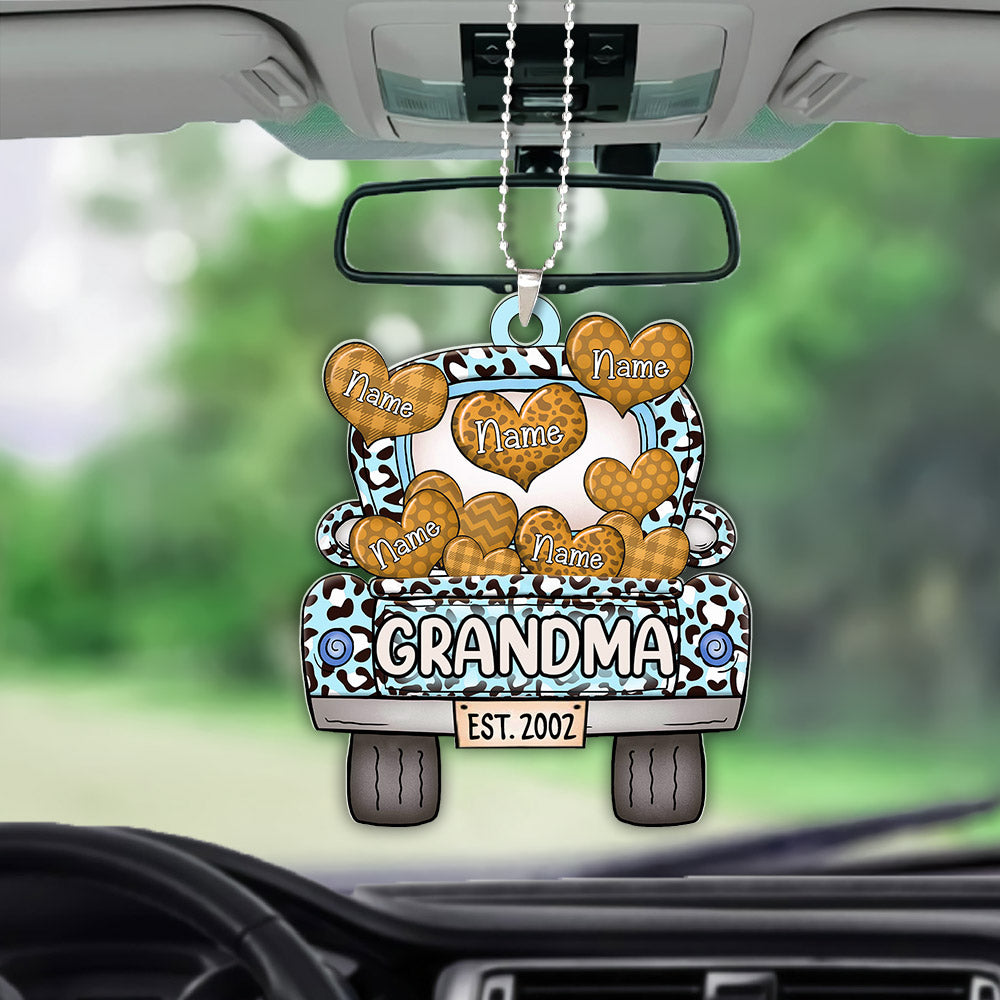Blessed To Be Called Grandma Leopard Truck Est.Year Personalized Flat Acrylic Car Ornament, 2 Sides Are The Same For Grandma, Hn98, Lihd