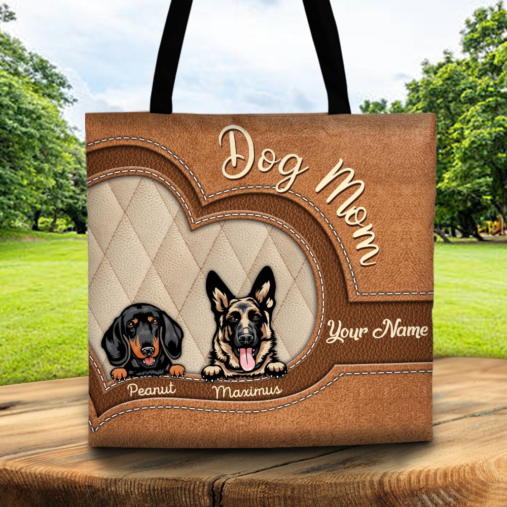 Personalized Tote Bag Printed Leather Pattern For Dog Mom, Dog Breed & Name Can Be Changed