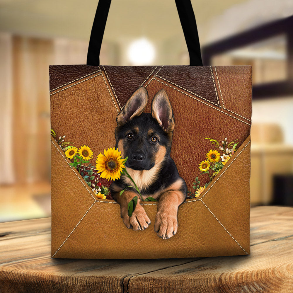 German Shepherd Holding Sunflower, Tote Bag Printed Leather Pattern For Dog Mom