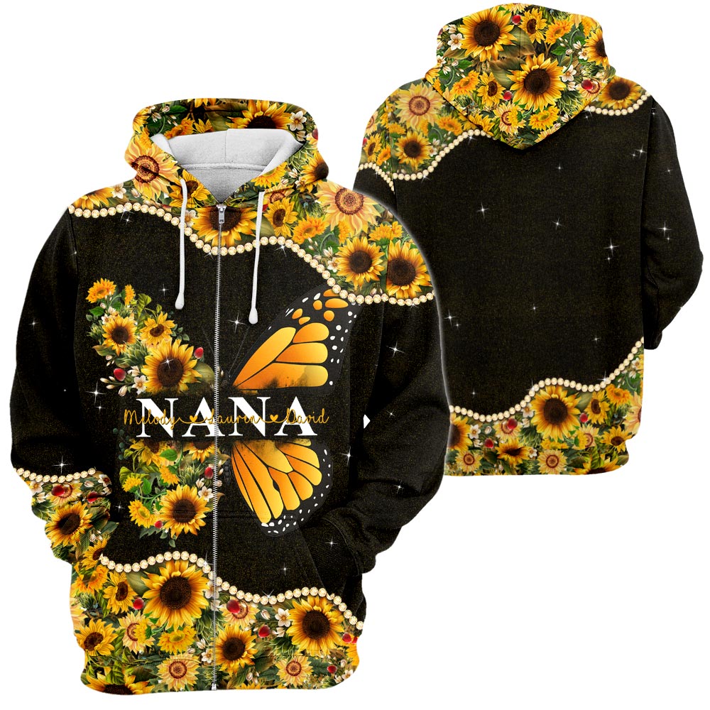 Personalized Butterfly Sunflower Pattern All Over Print Shirts For Nana Gigi Mimi Nickname Can Be Changed