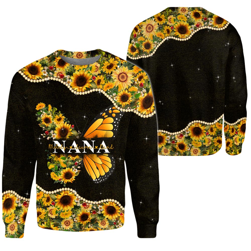 Personalized Butterfly Sunflower Pattern All Over Print Shirts For Nana Gigi Mimi Nickname Can Be Changed