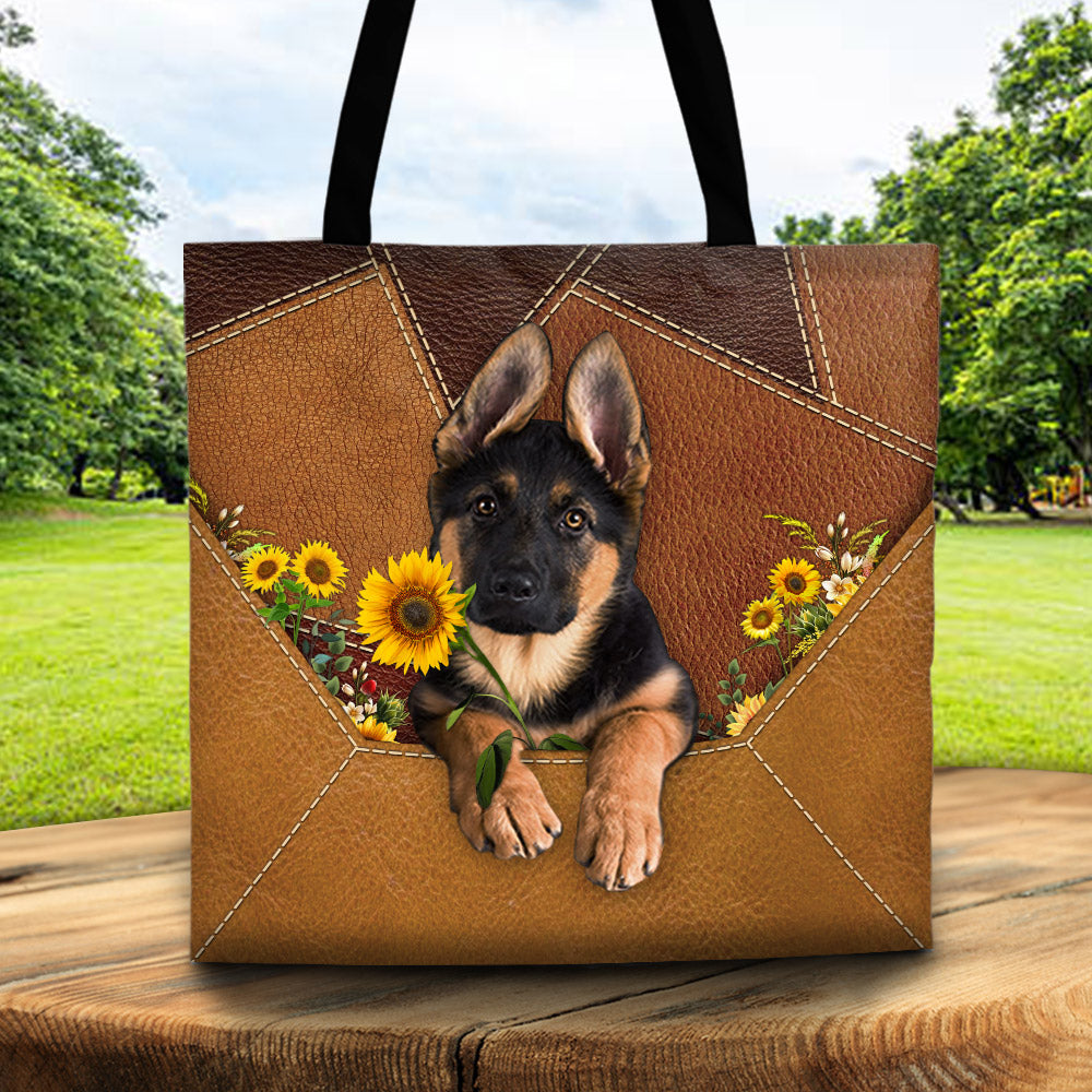 German Shepherd Holding Sunflower, Tote Bag Printed Leather Pattern For Dog Mom