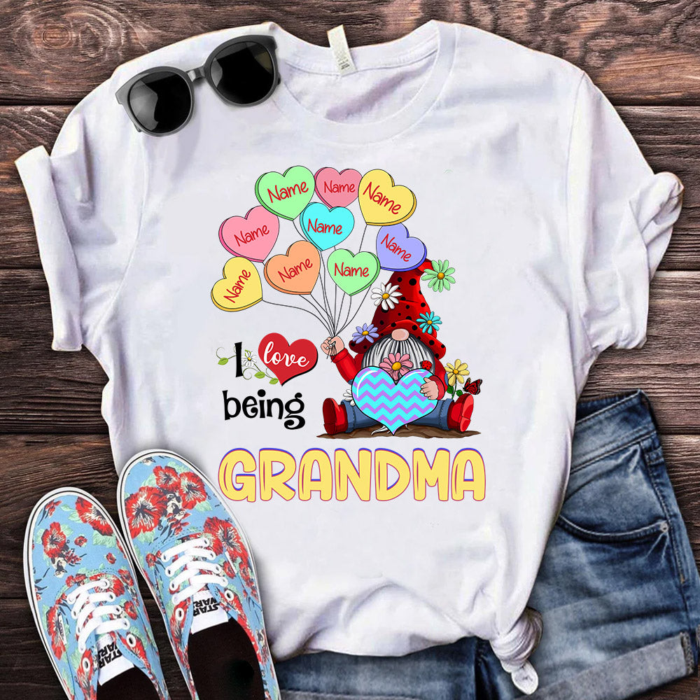 I Love Being Grandma, Gnomes And Balloons Heart Conversation Personalized Shirt For Grandma