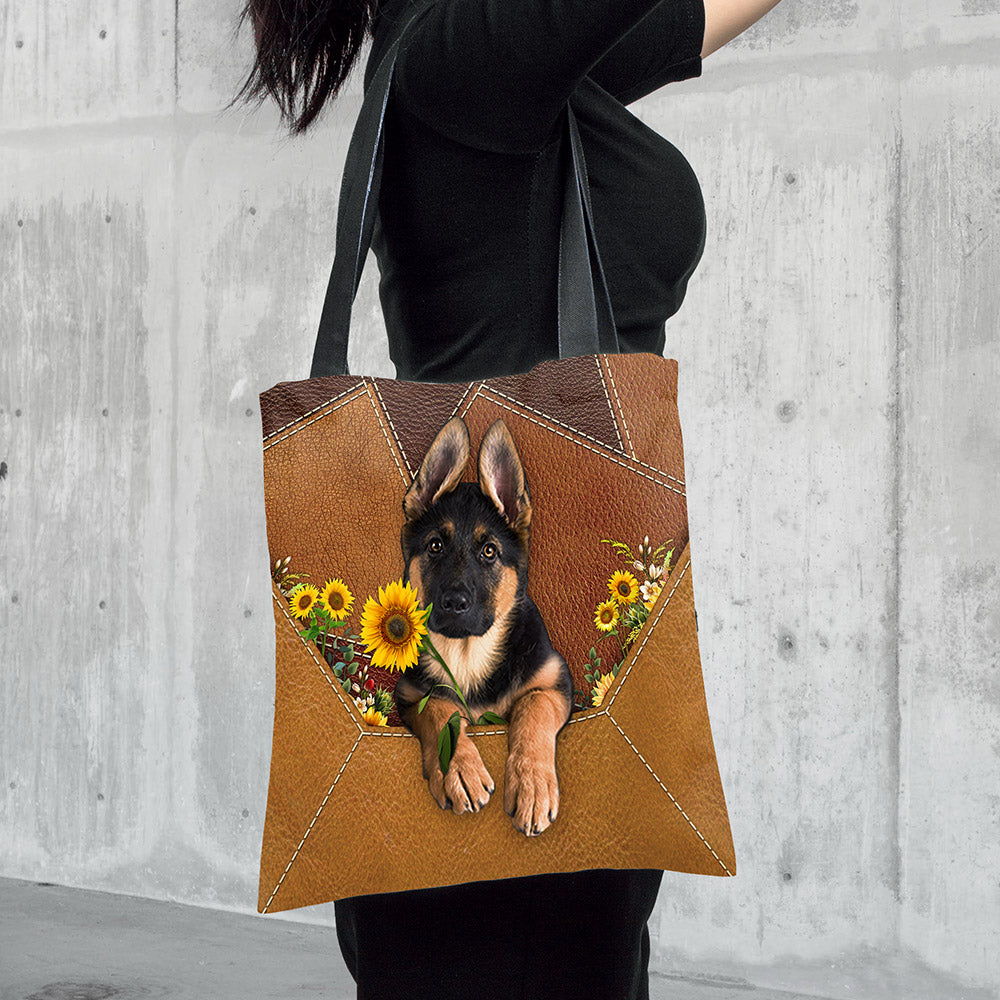 German Shepherd Holding Sunflower, Tote Bag Printed Leather Pattern For Dog Mom