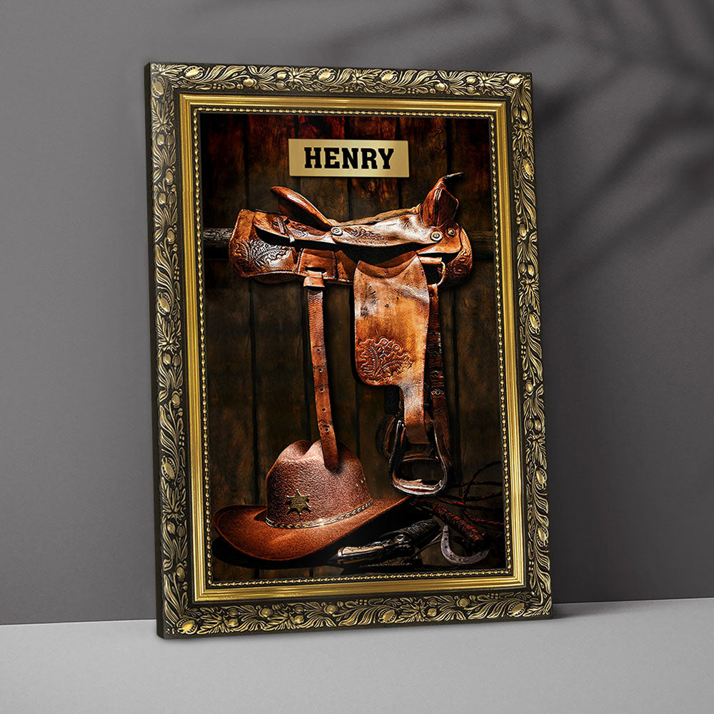 Horse Saddle & Hat Frame, Personalized Canvas For Horse Lovers, Cowboy, Cowgirl, Name Can Be Changed