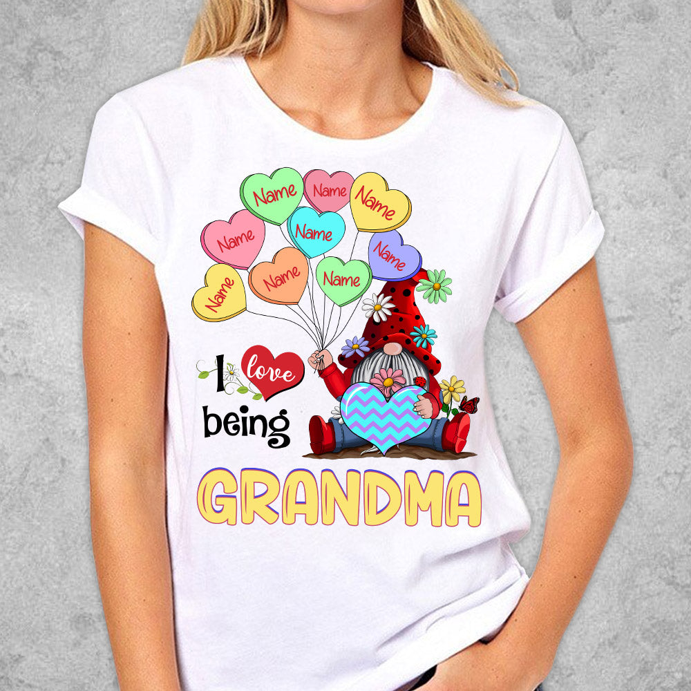 I Love Being Grandma, Gnomes And Balloons Heart Conversation Personalized Shirt For Grandma