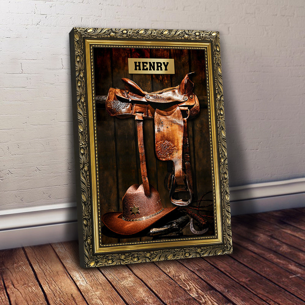 Horse Saddle & Hat Frame, Personalized Canvas For Horse Lovers, Cowboy, Cowgirl, Name Can Be Changed