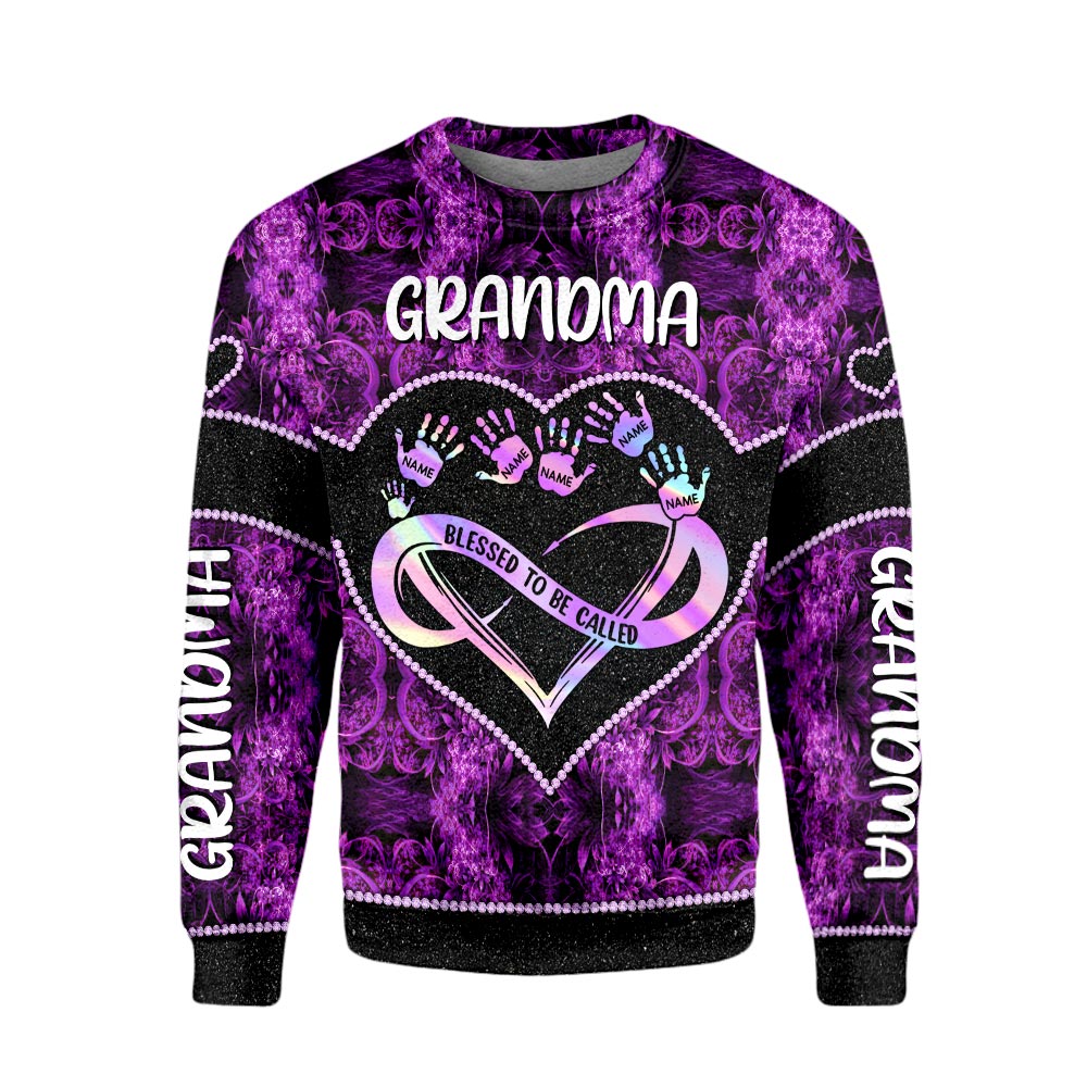 Grandma Blink Violet Infinity Heart Handprints Personalized All Over Print Shirt, 3D Shirt For Grandma