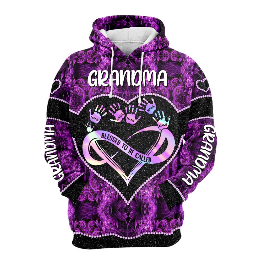 Grandma Blink Violet Infinity Heart Handprints Personalized All Over Print Shirt, 3D Shirt For Grandma