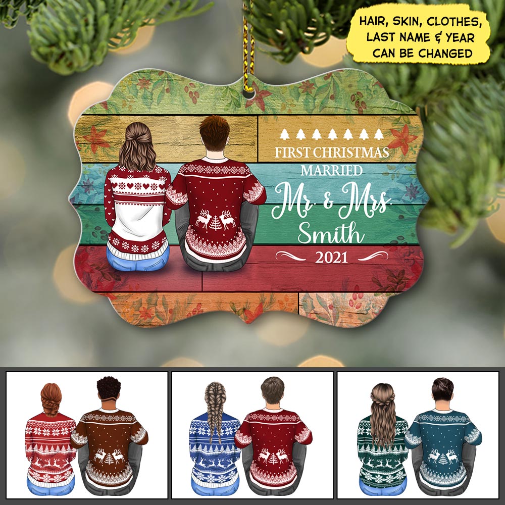 First Christmas Married Mr & Mrs. Last Name, Year & Character Can be Changed Personalized Circle Ornament, DO99