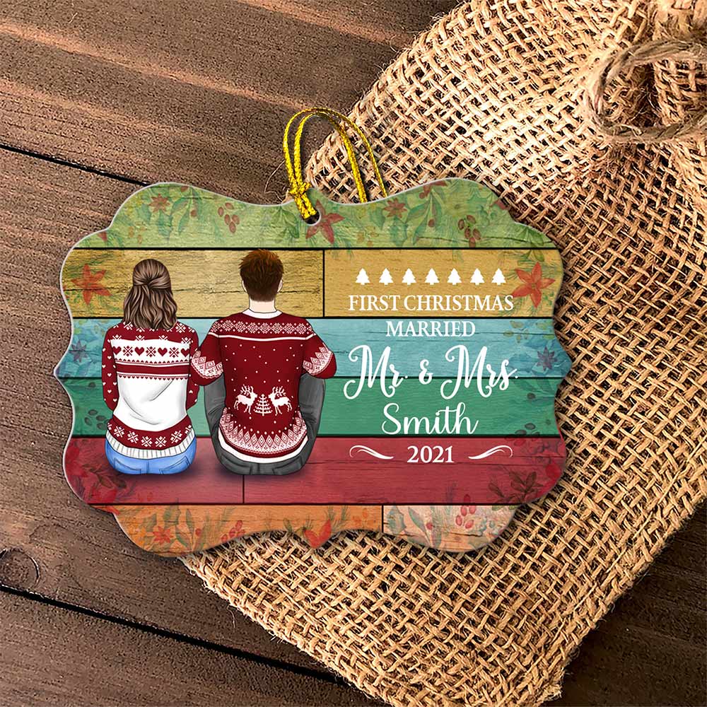 First Christmas Married Mr & Mrs. Last Name, Year & Character Can be Changed Personalized Circle Ornament, DO99