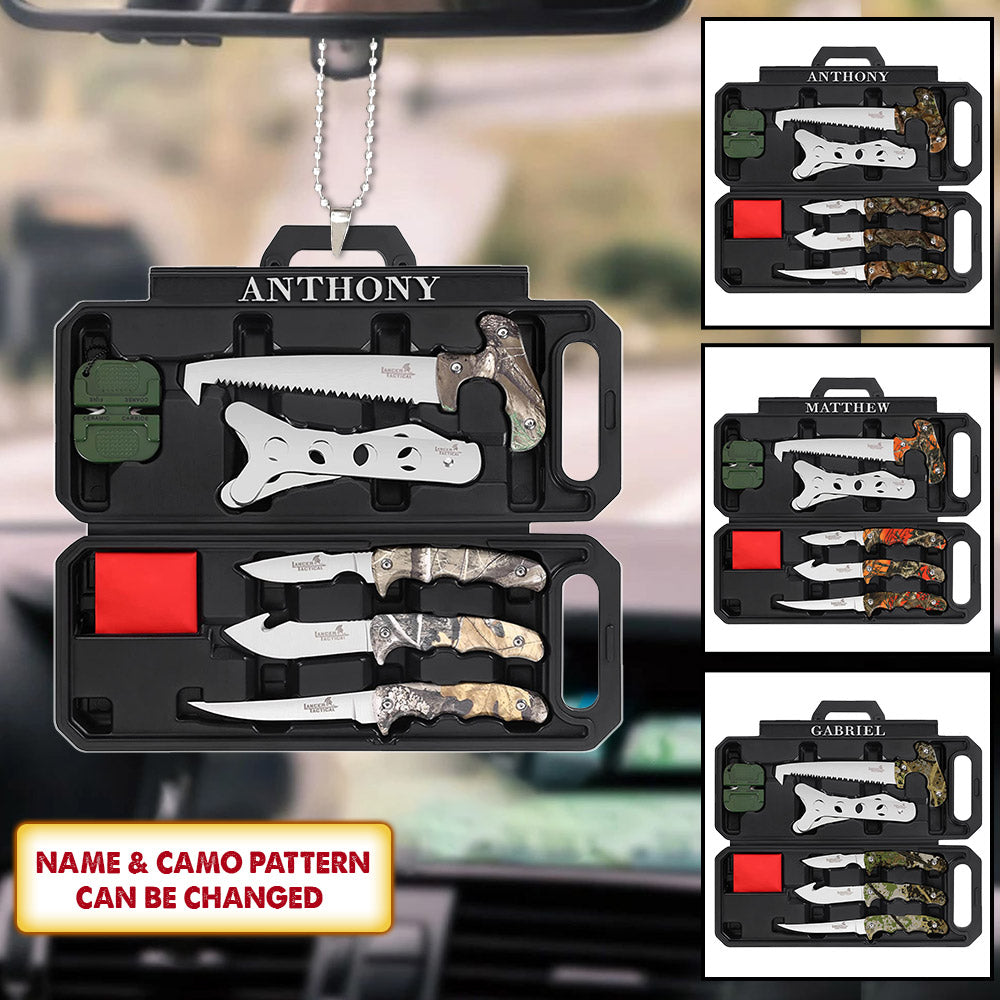 Personalized Flat Acrylic Car Ornament, Field Dressing Kit Hunting Knife Set Car Ornament, Name & Uniform Color can be changed