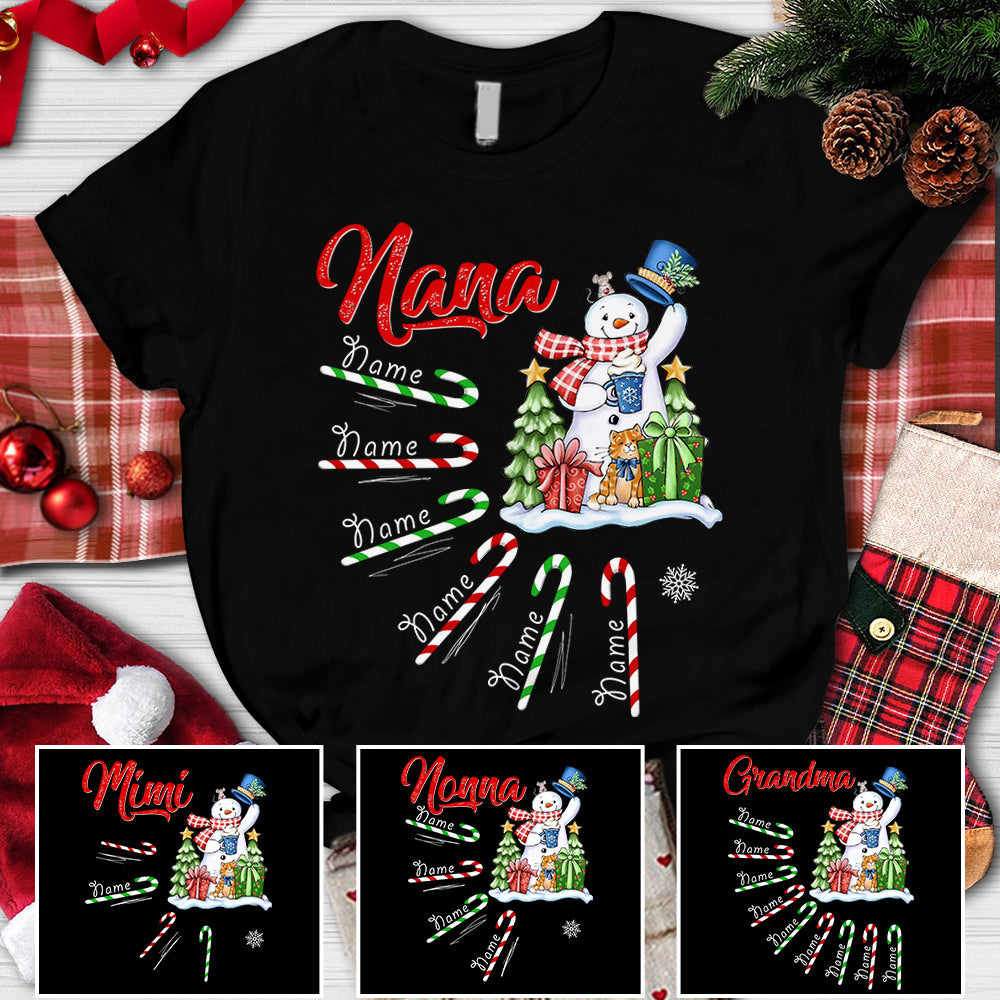 Grandma Candy Cane Cute Snowman Winter Christmas Personalized Shirt For Grandma,