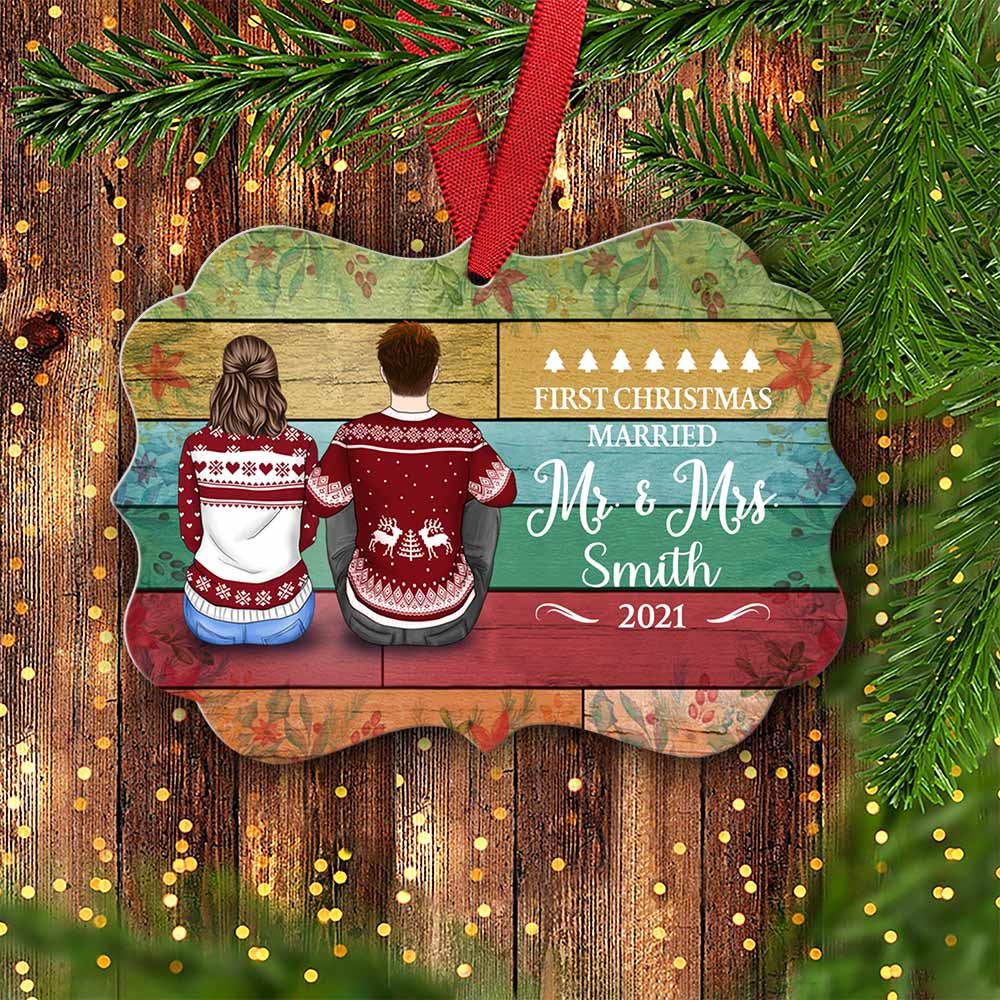 First Christmas Married Mr & Mrs. Last Name, Year & Character Can be Changed Personalized Circle Ornament, DO99