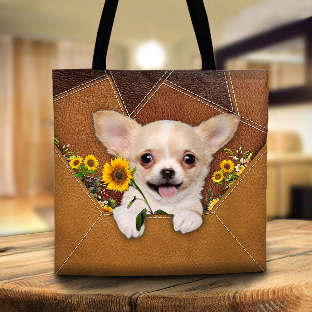 Chihuahua Holding Sunflower, Tote Bag Printed Leather Pattern For Dog Mom