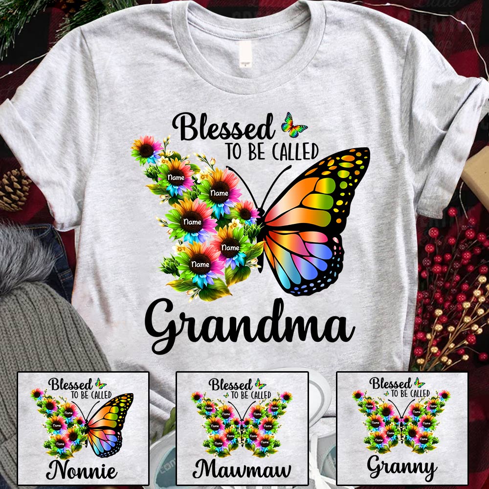 Blessed To Be Called Grandma Colorful Butterfly Sunflowers Personalized Shirt For Grandma